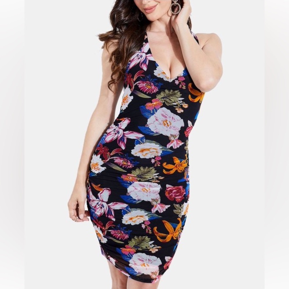 GUESS Womens Black Floral Sleeveless V Neck Knee Length Cocktail Body Con Dress